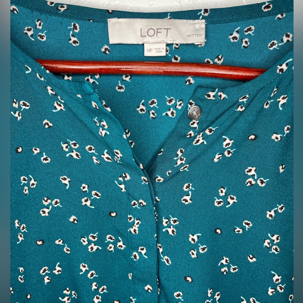 LOFT Teal Floral Long Sleeve‎ Mini Dress Medium Petite - Picture 2 of 7